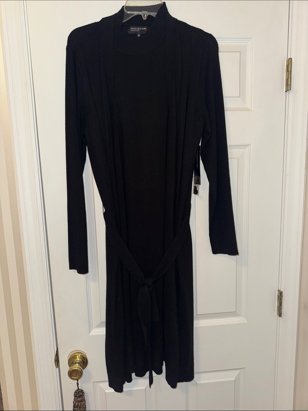 Jones New York Black Long Sleeve Knit Belted Dress with faux over sweater